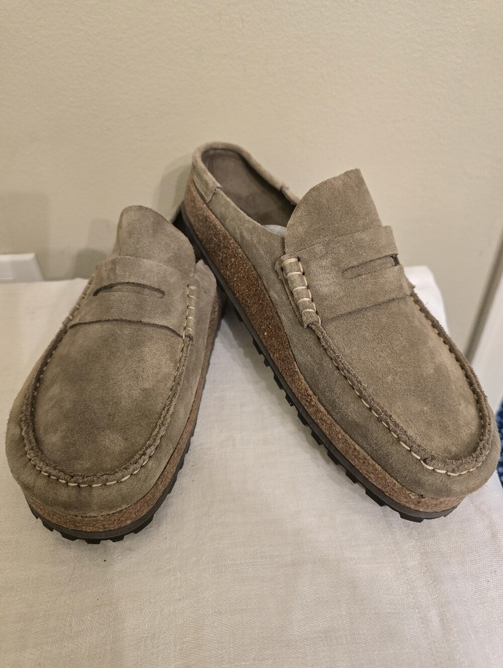 New Without Box - Birkenstock Naple Suede Penny Loafers in Taupe- Size 44